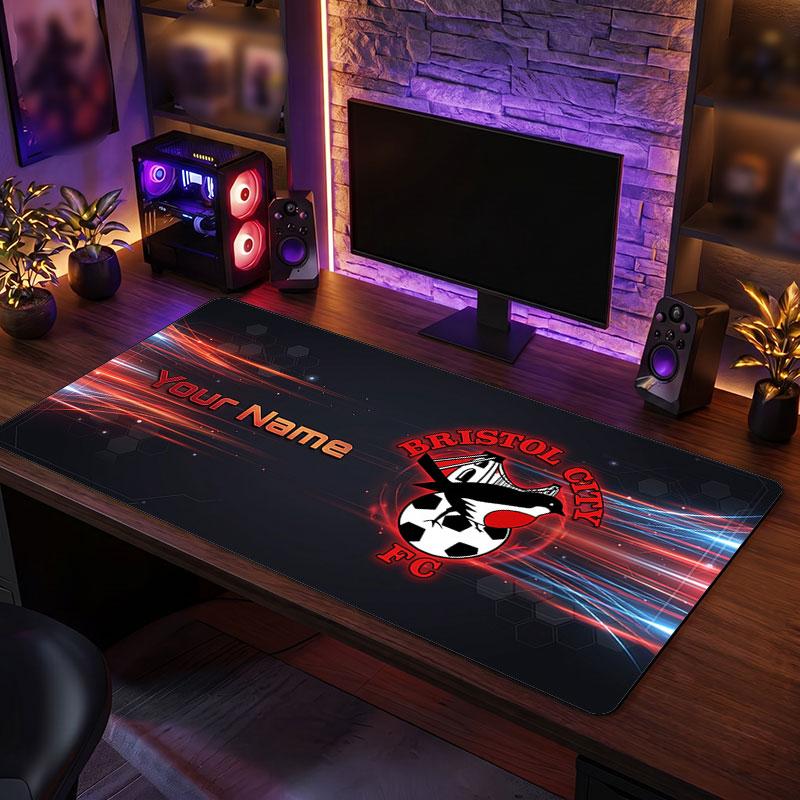Bristol City Custom Large Mouse Pad, Personalized Name Text Print, Football Logo Non‑Slip Desk Mat Gaming Gift