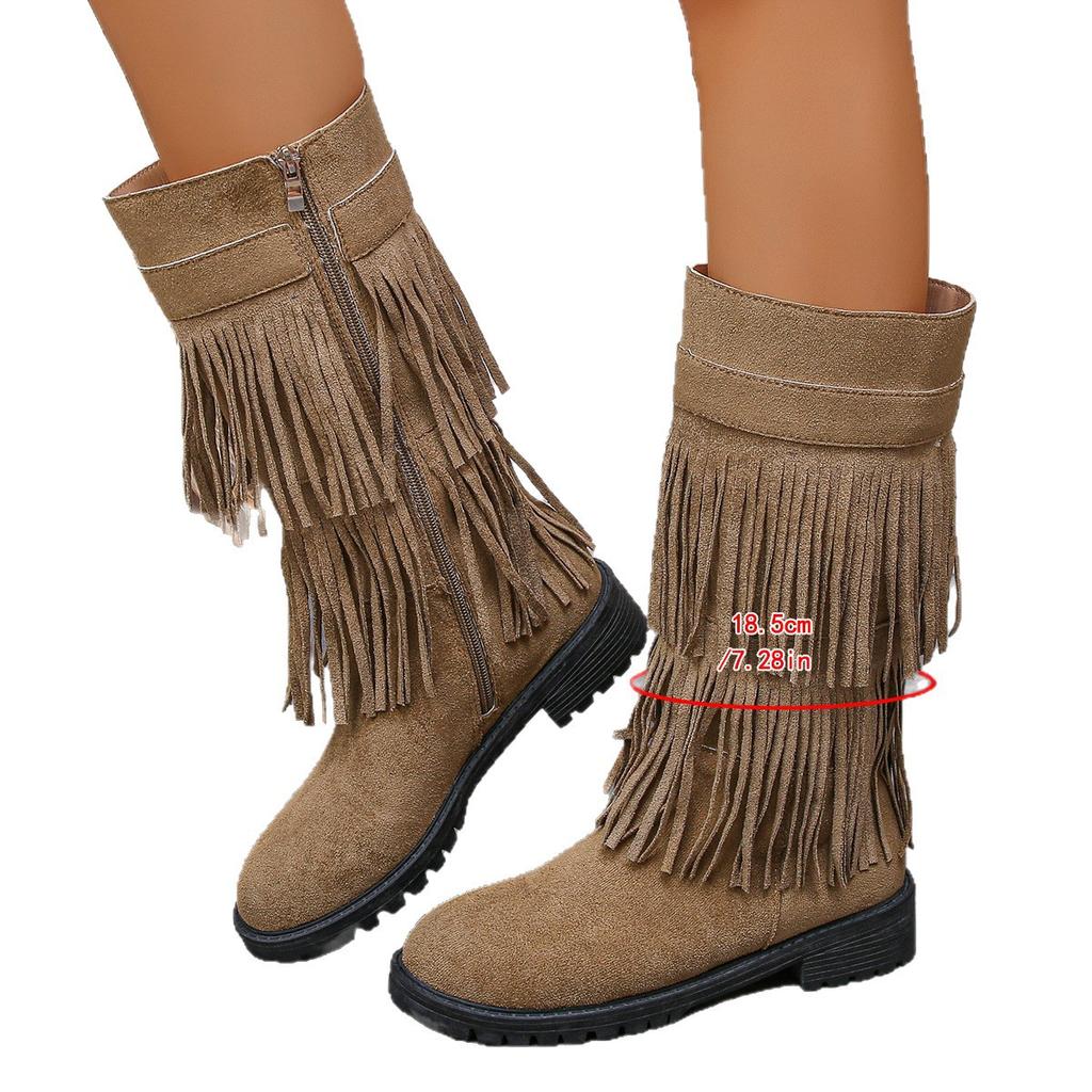 Suede Large Size Boots Women's Autumn Double-layer Fringed Boots Side Zipper Square Heel Round Head Fringed Boots