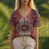 3D T-Shirt Flower Summer Women's T-Shirt Floral Pattern Bohemian Style Casual Short-Sleeved V-Neck Loose Women's Clothes