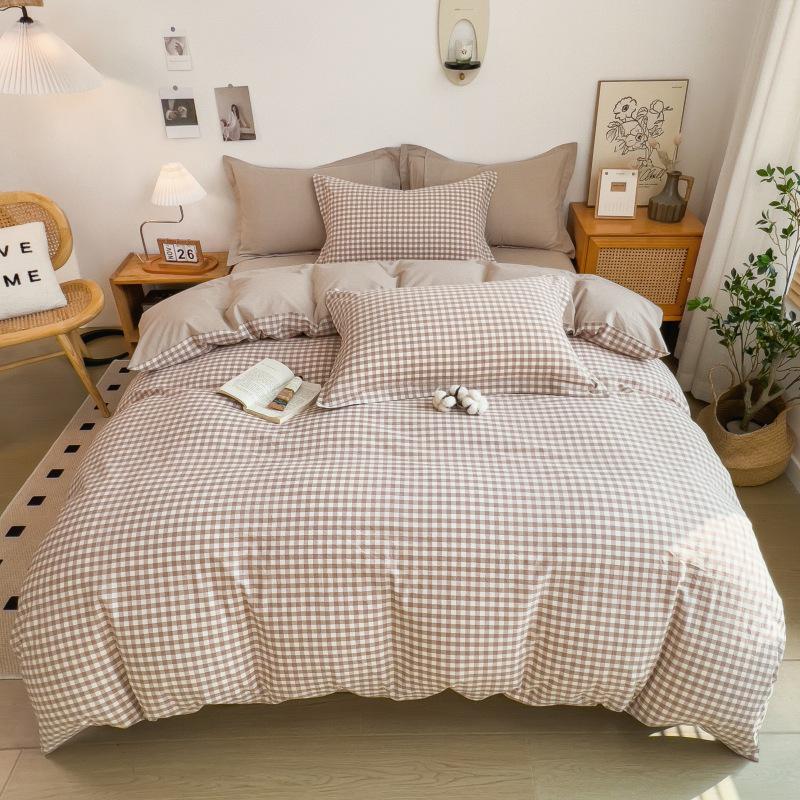 Muji-Inspired Plaid Water-Washed Cotton Duvet Cover Set - Minimalist Brushed Four-Piece Bedding Set