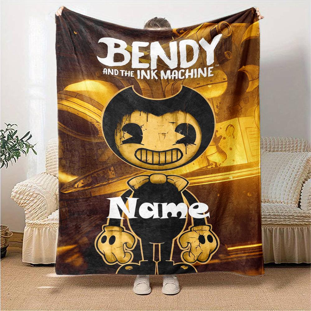 Custom Name Bendy and the Ink Machine Theme Printed Blanket - Perfect for Couch, Bed, Travel & Outdoor Use | Machine Washable, Cozy & Durable.