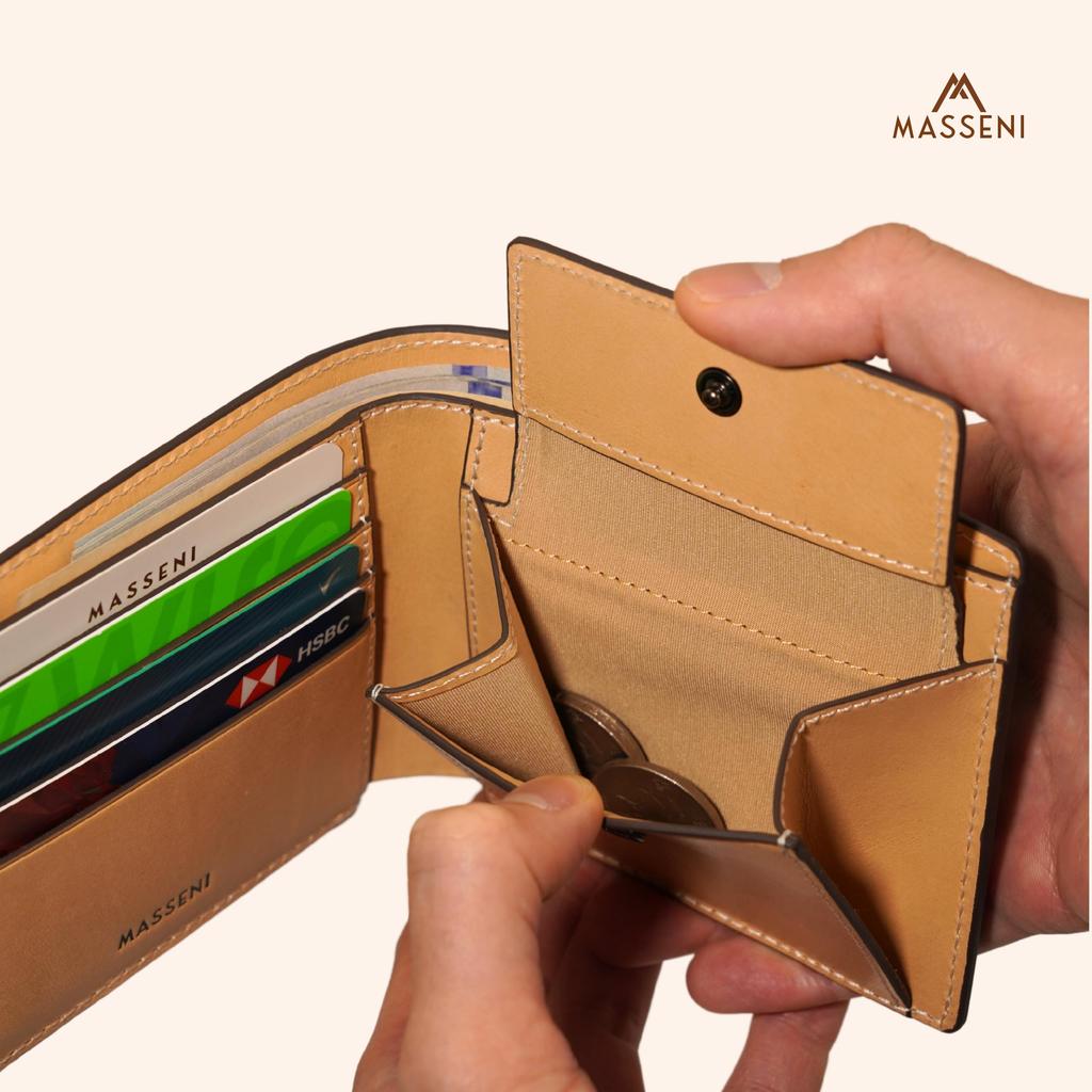 Premium Italian Leather Wallet with Coin Tan Genuine Holds 4 Cards [MASSENI] Men's Bi-fold Pocket, Color, Leather, Lightweight, (Tan)