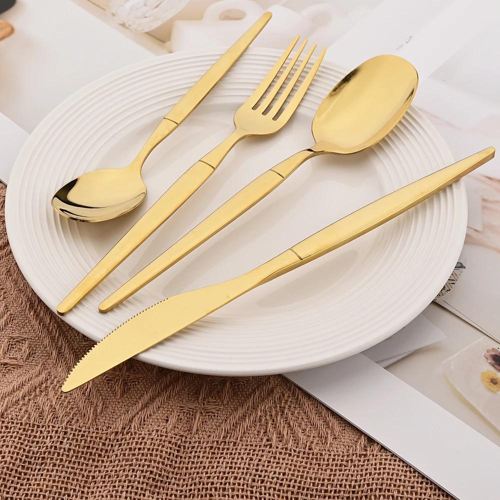16Pcs Cutlery Set Dinner Knife Fork Spoon Flatware Set Kitchen Gold Dinnerware Stainless Steel Tableware Silverware Set Gift