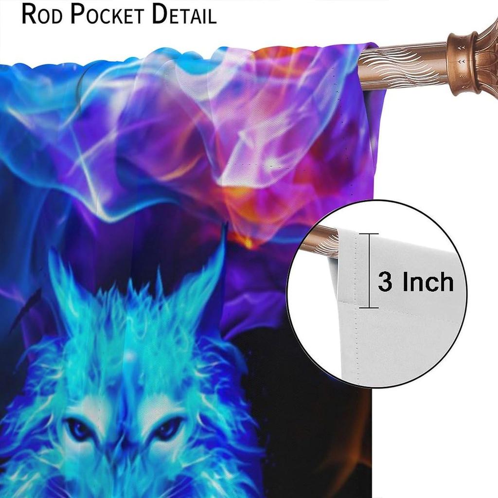 Wolf Curtains,Mystery Flame Lightning Red and Blue Wolf Pack Wildlife Decor Windows Treatments,Thermal Insulated Drapes for Kids