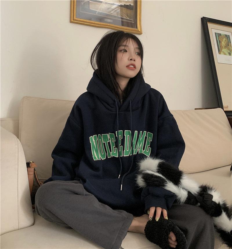 Women Warm Soft Hoodies Padded Hooded Sweater Fall and Winter Big Yards Printed Flannel Shirt Fall and Winter Retro Simple Literary Loose Tops