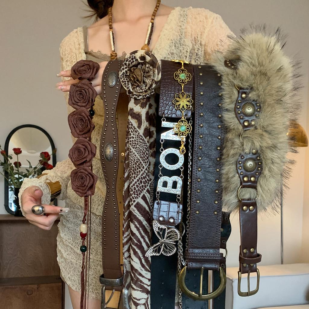 Vintage Western Style Leather Belt With Flower Beads For Women Casual Dresses