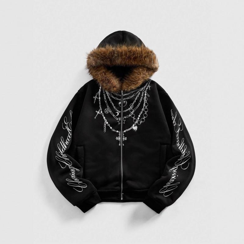 Vintage American Style Hooded Sweatshirt Fleece Lined Streetwear Dark Graphic Print Zip Up Hoodie Teens Youth