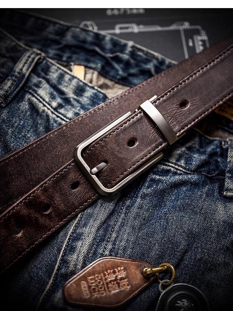 Vintage Handmade Top Grain Cowhide Belt - Men's Distressed Genuine Leather with Pin Buckle
