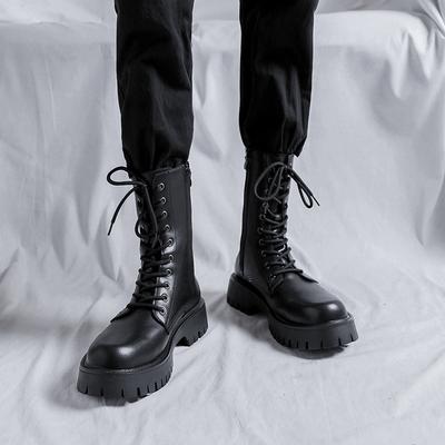 Martin Boots Men's Spring and Autumn Black High-top Thick-soled Heightening Casual Side Zipper Tooling Boots Leather Shoes