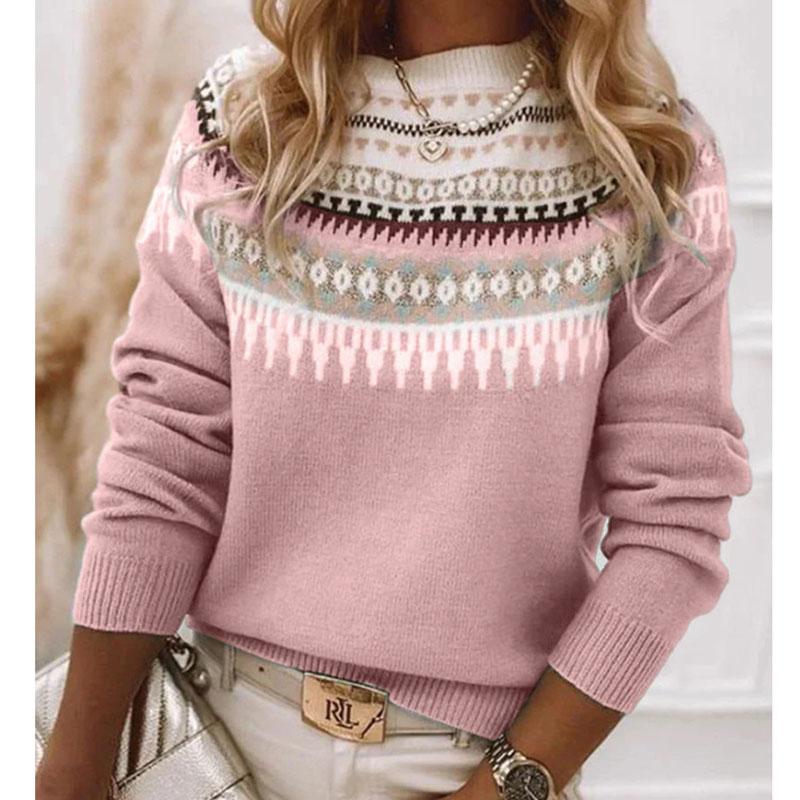 Geometric Print Sweater Women Acrylic Knit Pullover Color Block Fashion Top Loose Fit Round Neck Long Sleeve Casual Comfortable Wear