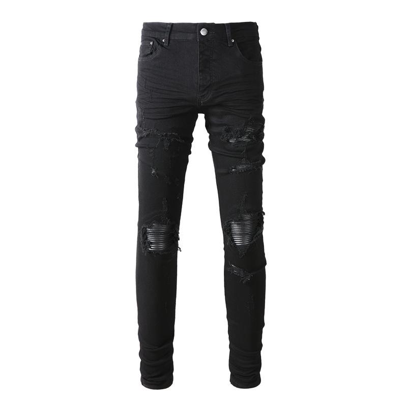 

Ретро черные рваные облегающие кожаные джинсы в стиле хип-хоп для мужчин 32