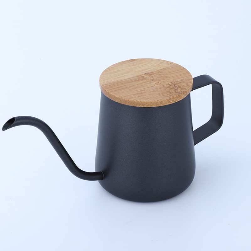 FUN COFFEE Drip Pot 350ml Narrow Mouth Stainless Steel Coffee Kettle with Lid Kitchen Drip Single Person Coffee Stylish Black New Life (co-0046-1)