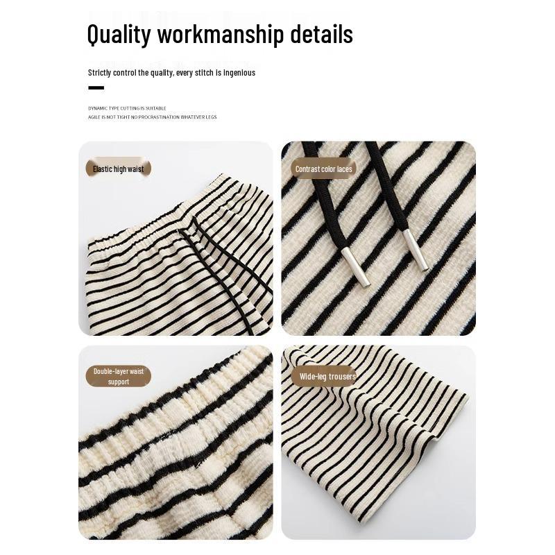 Petite Women's High-Waisted Black & White Striped Fleece-Lined Wide-Leg Pants for Autumn/Winter