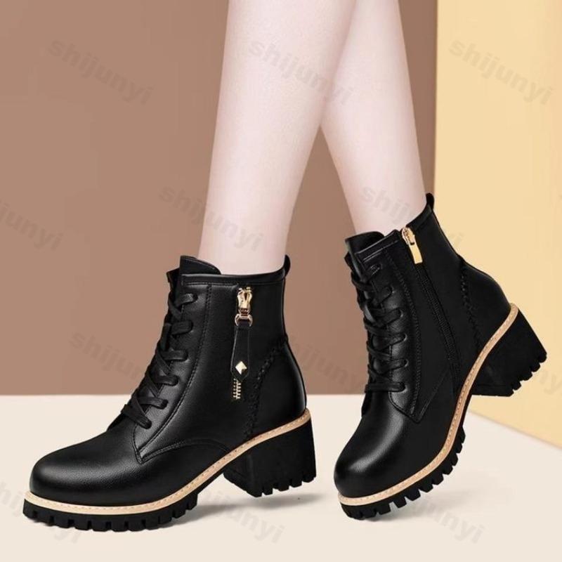 Damen Stiefeletten Mode Retro Britisch Dicker Absatz Rutschfest Runde Spitze Damen Kurze Stiefel Bequem Outdoor Botas De Mujer