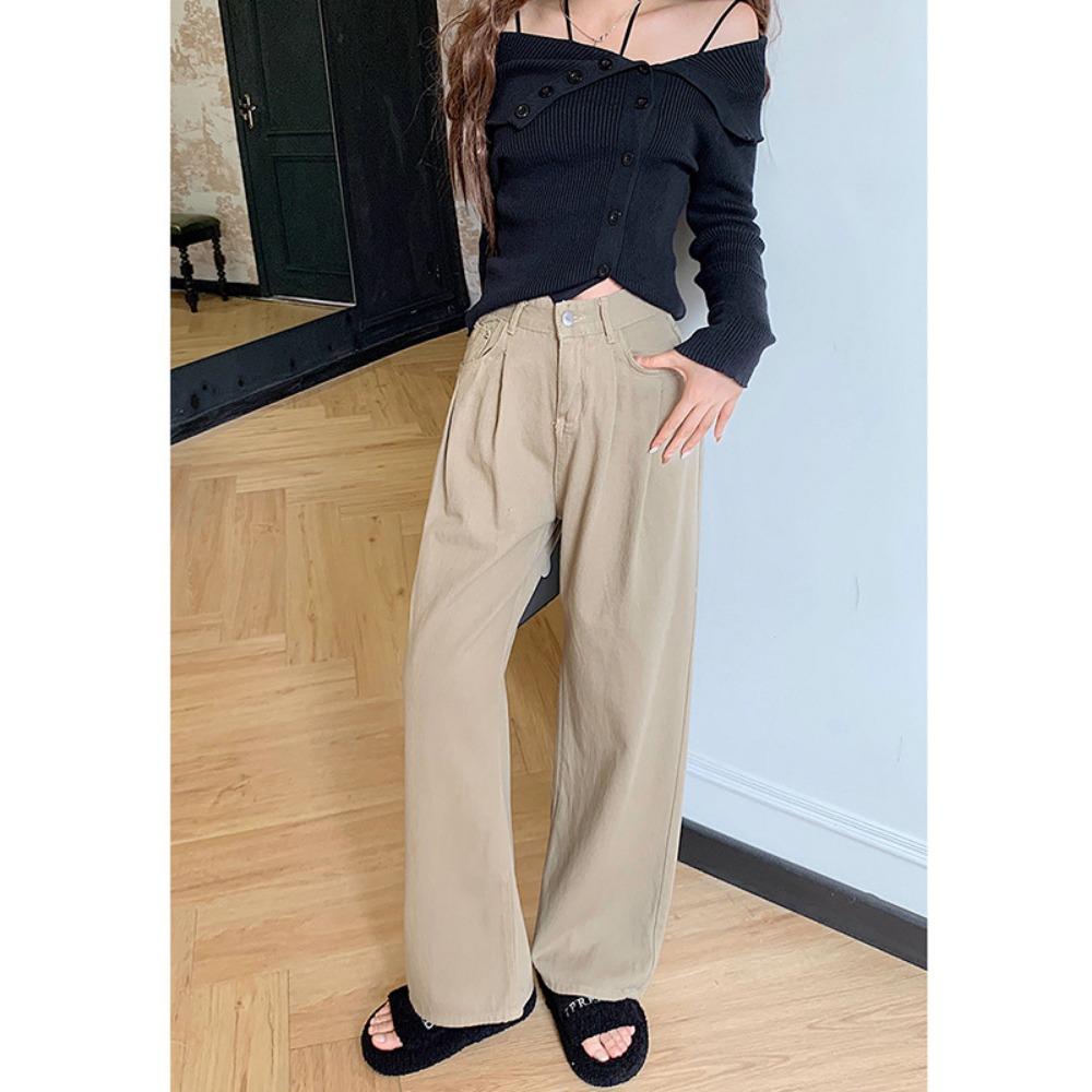 

Простые повседневные драпированные прямые джинсы женские весенне-осенние новые свободные корейские персонализированные брюки широкие джинсы 2XL хаки