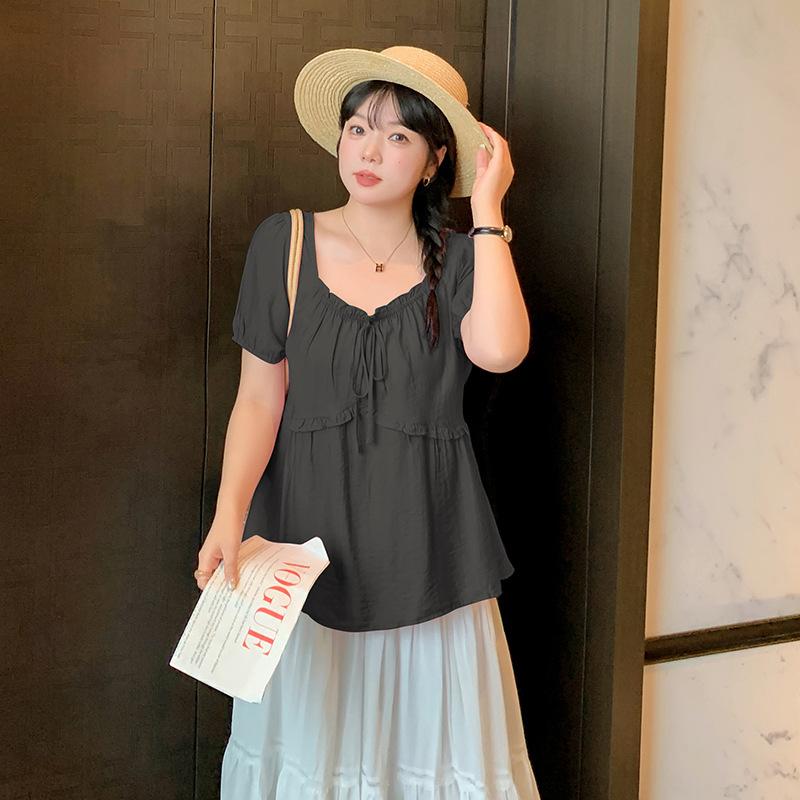 Large Size Women's Sweet Doll Shirt Summer New French Temperament Square Neck Bubble Sleeve Shirt 240361