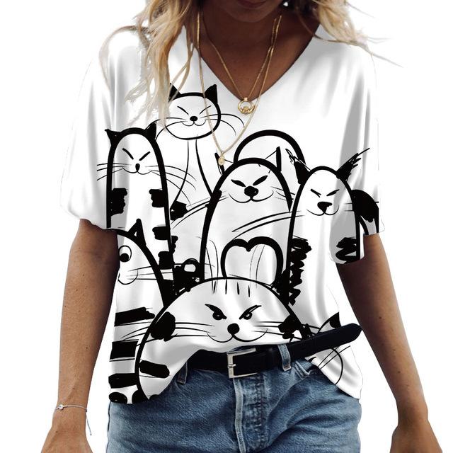 Summer V-neck 3D Cat Printed Top Fashionable Casual Short Sleeved Women's T-shirts
