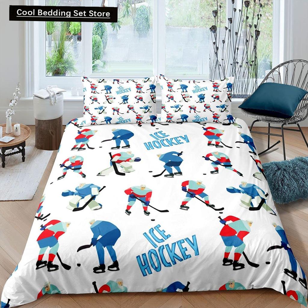 Comforter Ice Hockey Puck Hockey Player Winter Event Bedding Set Boys Sports Game Black Polyester Comforter