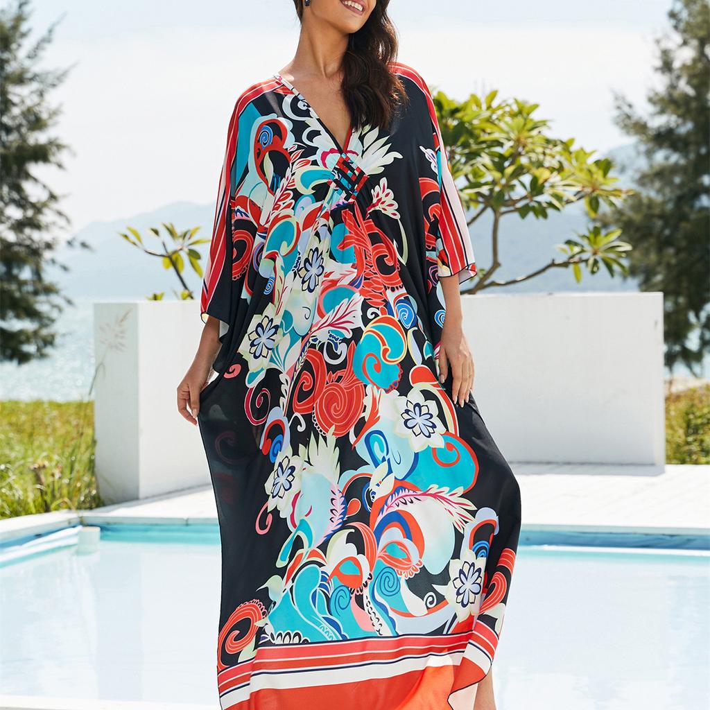 YYFS Damenmode Urlaub Sommer Frühling Blumenmuster Druck Langarm V-Ausschnitt Freizeitkleider