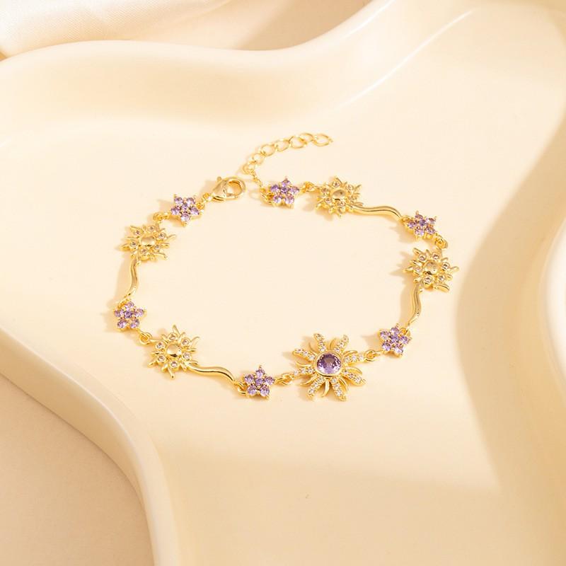 Sunflower Bracelet Women Copper Plated With Zircon Crystals Colorful Floral Design Lightweight Elegant Minimalist Jewelry Gold Purple
