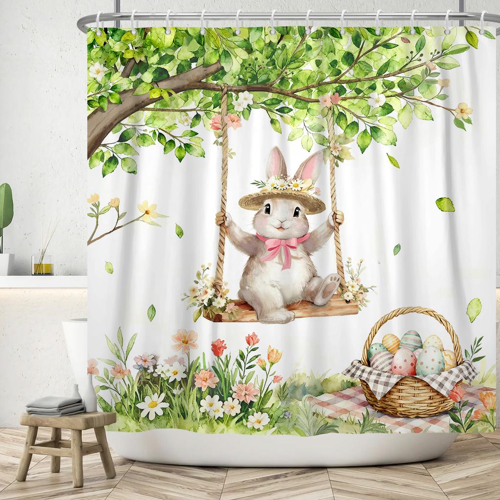Waterproof Easter Theme Shower Curtain Bunny Easter Eggs Floral Basket Watercolor Check Pattern Design Spring Bathroom Decor
