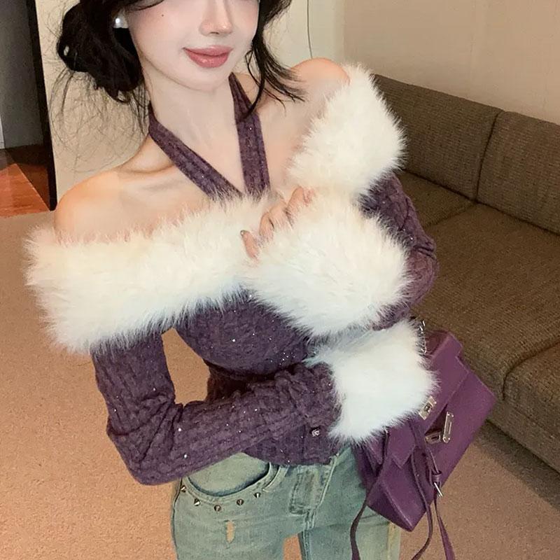 

Элегантные облегающие свитера с вырезом-лодочкой, осень-зима, новинка, винтажные, халтер, женская одежда, сшитые, модные, с открытыми плечами, вязаные пуловеры S фиолетовый