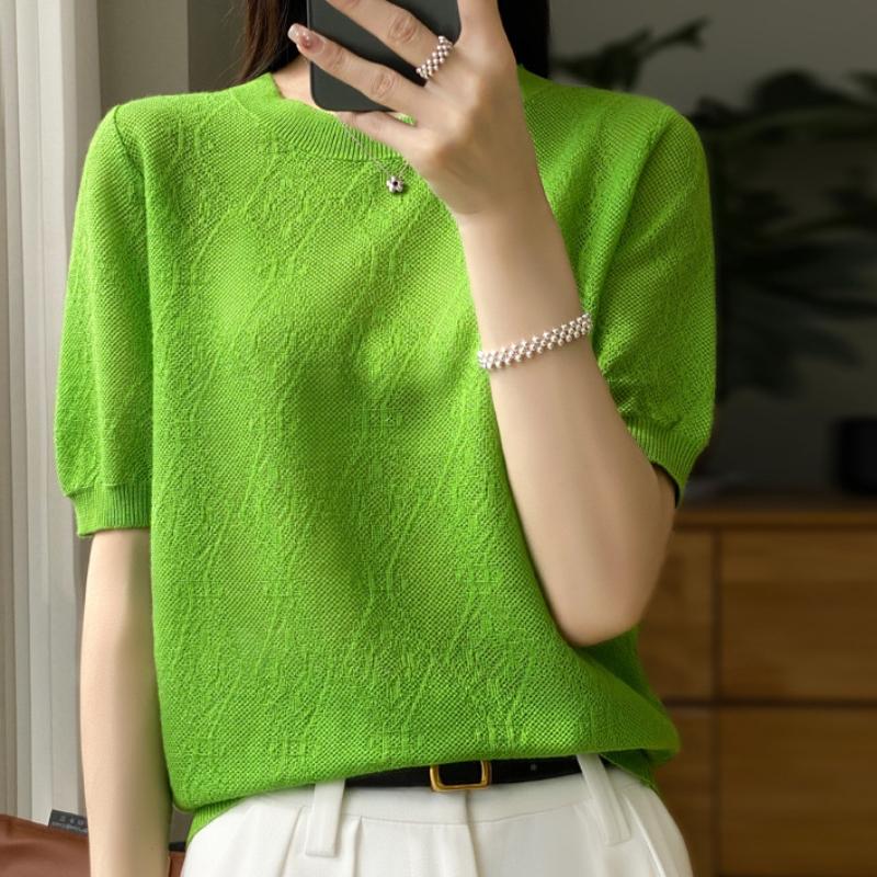Round Neck Imitation Wool Short-sleeved T-shirt for Women In Summer Thin Loose Knitted Base Shirt Solid Color Half-sleeved Top