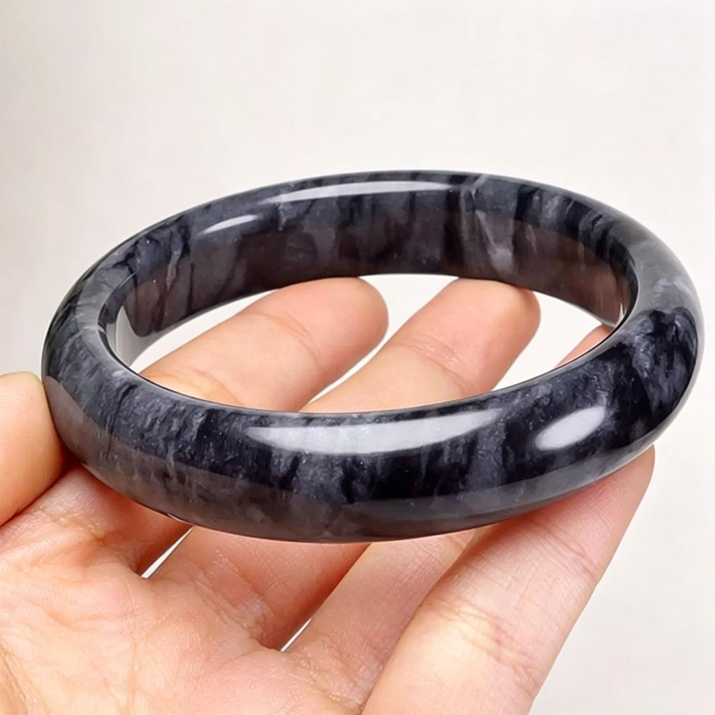 Natural Black Qinghua Jade Bangle, Ink Wash Painting Style Chinese Jade Bracelet, Traditional Calligraphy Art Cuff for Women