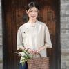 2025 Summer Women's Retro Cotton Linen Stand Collar Color Block Short Sleeve Top for Tea Ceremonies