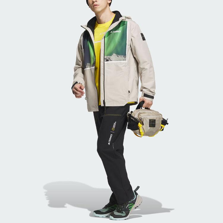 Adidas X National Geographic Rain.Rdy Printed Pattern Outdoor Fleece-Lined 3-In-1 Sports Hooded Jacket Men Outerwear Lead-White IL8961
