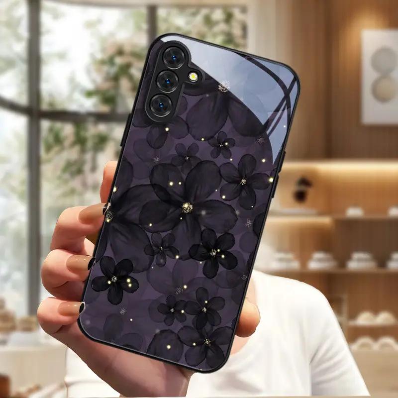 Premium Black Yarn Flower Samsung S24 Extreme Edition Glass Case Galaxy S23plus Phone Case Case