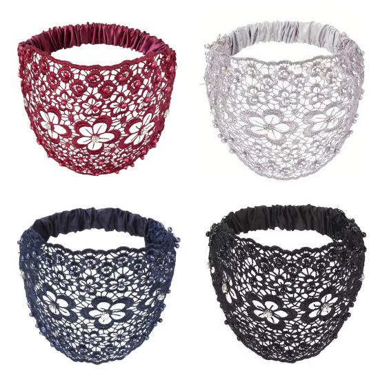 4Pcs Women Headband Floral Lace Hollow Design Faux Pearls Hair Hoop Boho Style Wide Elastic Hair Accessories