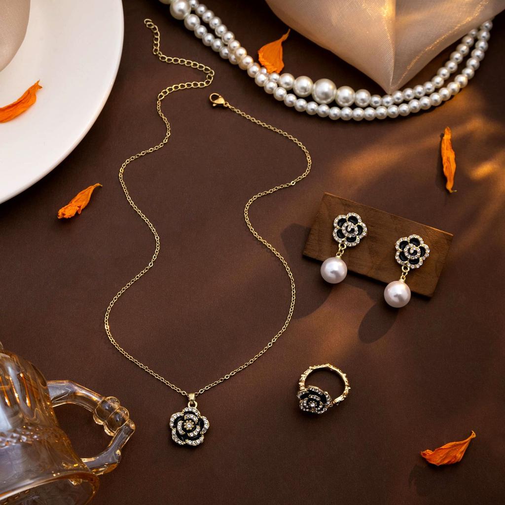French Retro Exquisite Camellia Necklace Ring Set, Light Luxury Metal Design Pearl Earrings Set For Women