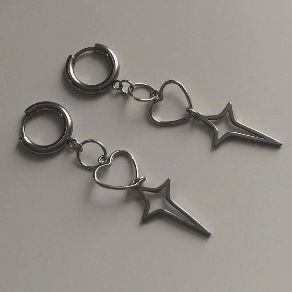 Trendy Punk Sliver Color Hollowed-out Heart-shaped Stars Pendant Dangle Earrings for Women Men Personality Hoop Earrings Jewelry