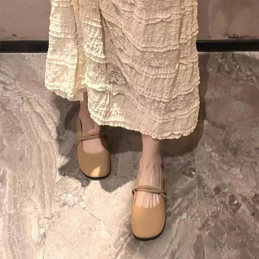 Low Heel Elegant Women's Flat Shoes Single Khaki Round Toe 2025 Summer Trend Vacation On Offer With Discount Y2k Ladies Footwear
