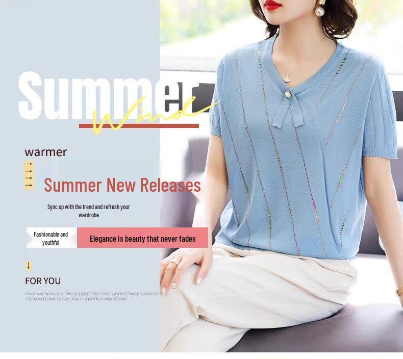 2026 Stylish Ice Silk Short-Sleeve Top for Mom: Lightweight Summer Wear for Middle-Aged & Elderly