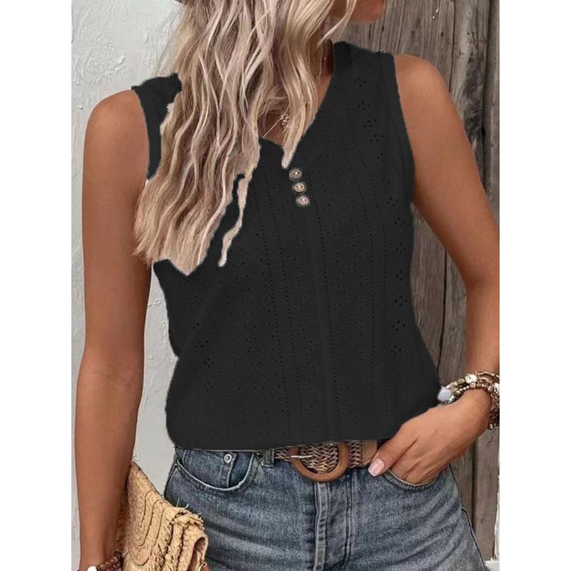 Women V Neck Sleeveless Eyelet Embroidery Top With Button Detail S чёрный