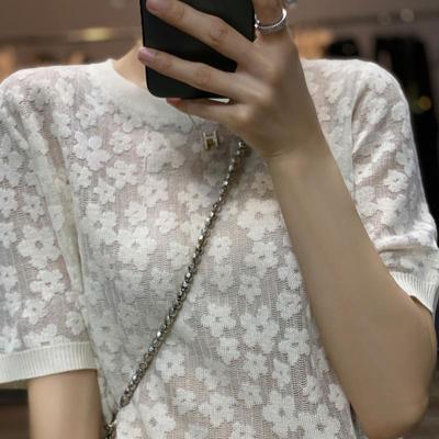 2023 Summer New Hollow Slightly Transparent Short Sleeve T-Shirt Ladies Round Neck Loose Fashion Half Sleeve Wool Knit