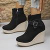 Botas Curtas Femininas de Outono com Plataforma de Solado Grosso, Zíper Lateral, Moda com Fivela de Cinto, Estilo Salto Plataforma de Camurça, Disponível em Tamanhos Grandes.