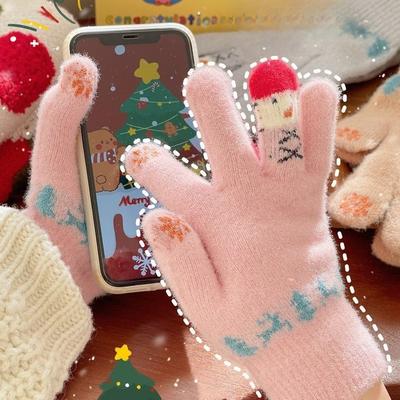 Winter Warme Handschuhe Plüsch Cartoon Niedlich Weihnachten Schneemann Fünffingerhandschuhe mit Touchscreen für Studentinnen
