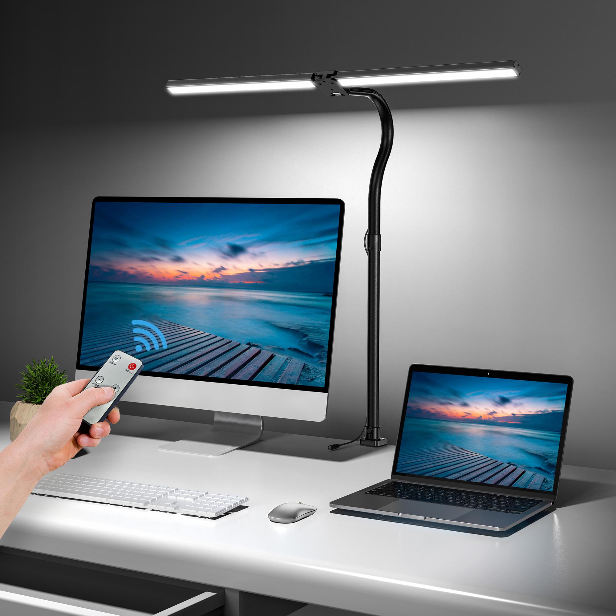 

Двойная светодиодная настольная лампа с пультом дистанционного управления на зажиме 24 Вт с поворотным кронштейном L-образной формы, регулируемая яркость, трансформируемая лампа для чтения и компьютера US plug бежевый