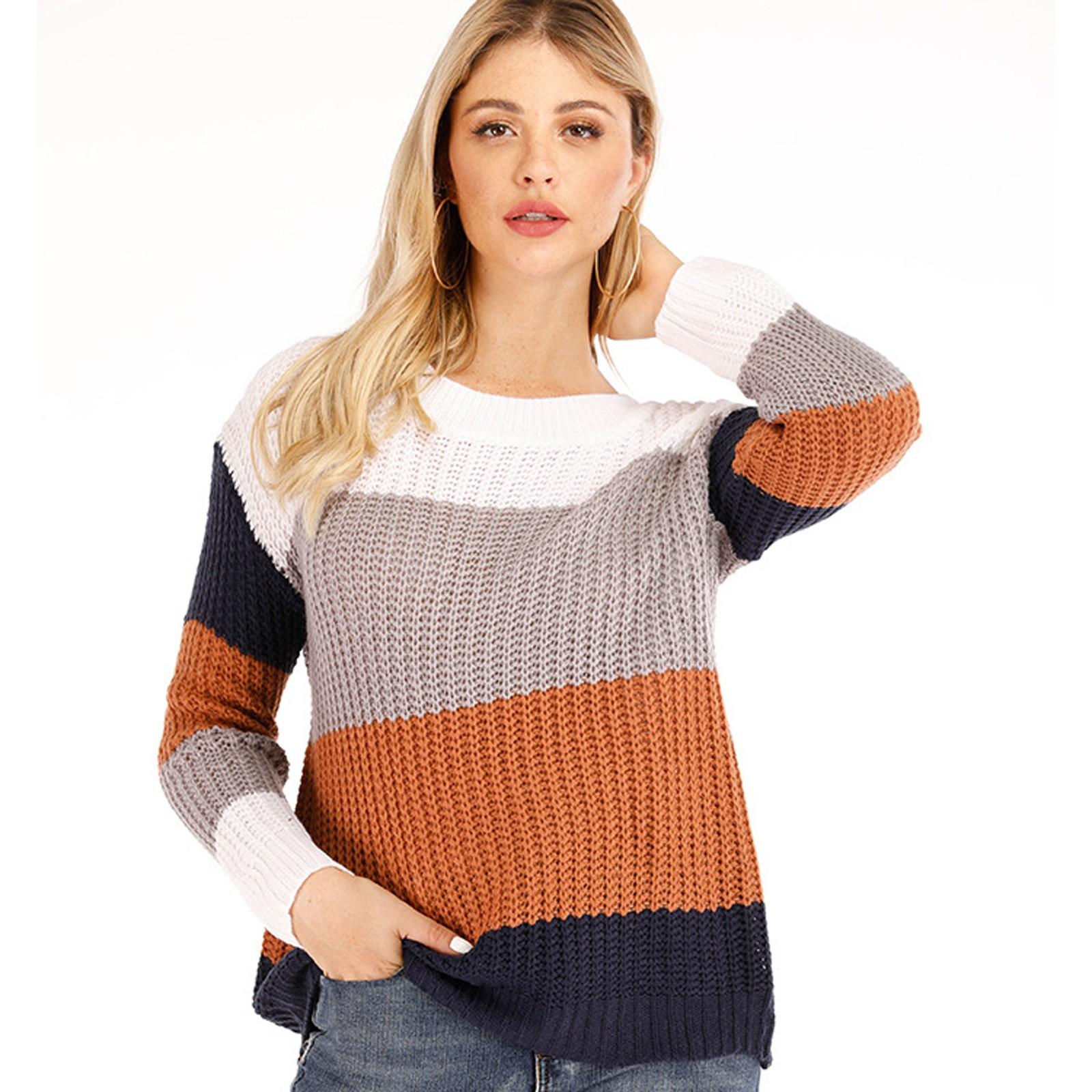 

Women s Fashion Stripe Color Contrast Round Neck Raglan Long Sleeve Knitting Sweater Top L коричневий