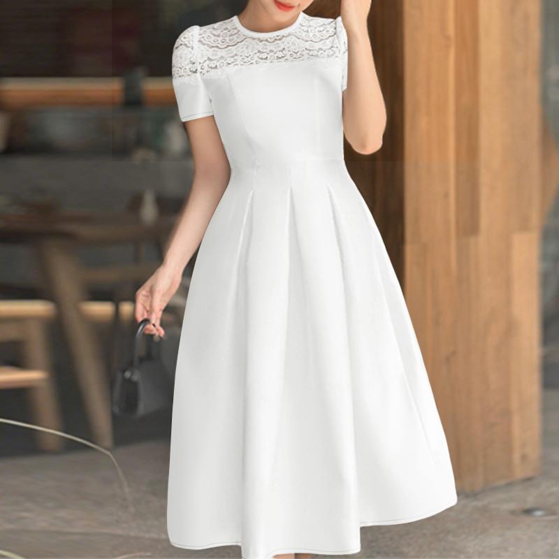 

ZANZEA Женское летнее платье с круглым вырезом и короткими рукавами, кружевной вставкой S белый