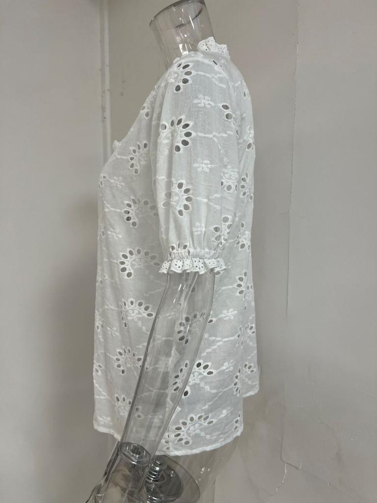 Women's Summer Fashion Casual Shirts Cropped Petal Sleeve Eyelet Tops V Neck Shirt