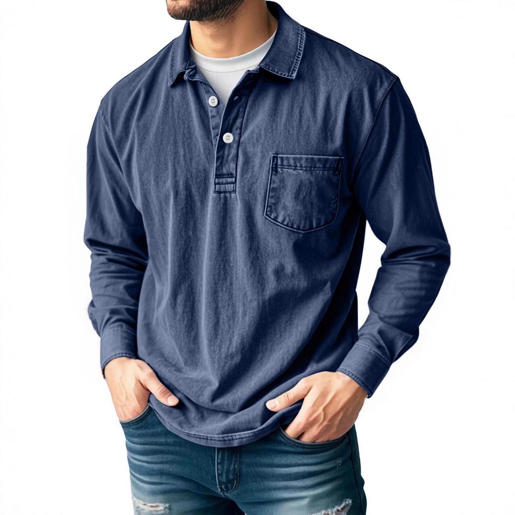 Men's 2026 European Retro Cotton Washed Long Sleeve Polo Shirt