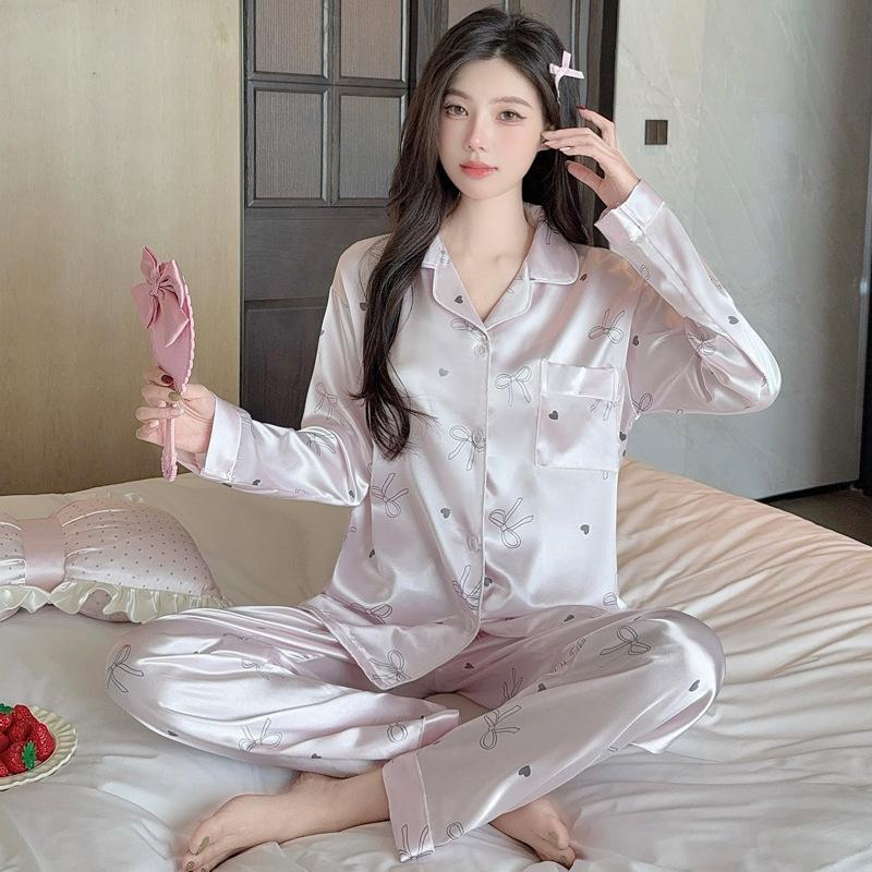 Light Luxury Retro High-End Leopard Print Star Ice Silk Pajamas Women'S Long-Sleeved Trousers Loungewear Set
