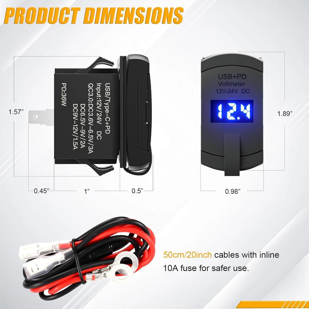 Rocker Type Charger Socket Type-C PD + USB QC 3.0 Charger + Voltmeter with Waterproof Cover 12V/24V Blue Led for Rocker Switch Switch Panel On Marine