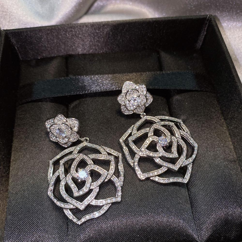 Elegant Women Jewelry Set Rose Necklace Camellia Earrings Floral Ring Openwork Accessories