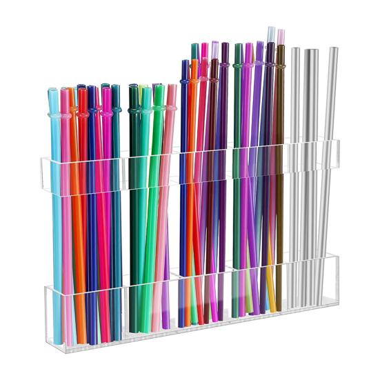 Storage Rack Transparent Acrylic Straw Holder with Drain Hole Adjustable Height Adhesive Tape Straw Organizer