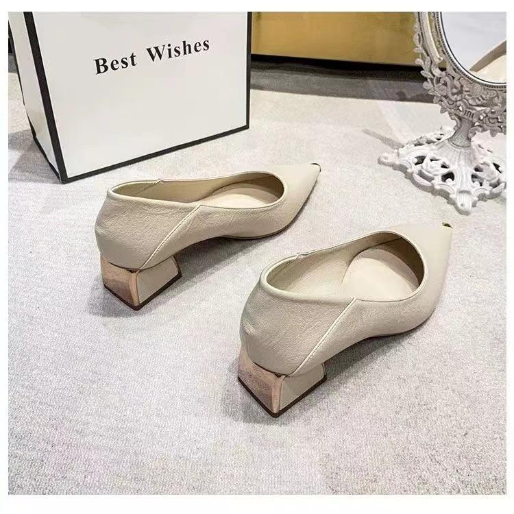 Pointed High Heels Femininity Thick Heel 2024 New Middle Heel Spring and Autumn Black Professional Versatile Comfortable Soft Sole Single Shoes